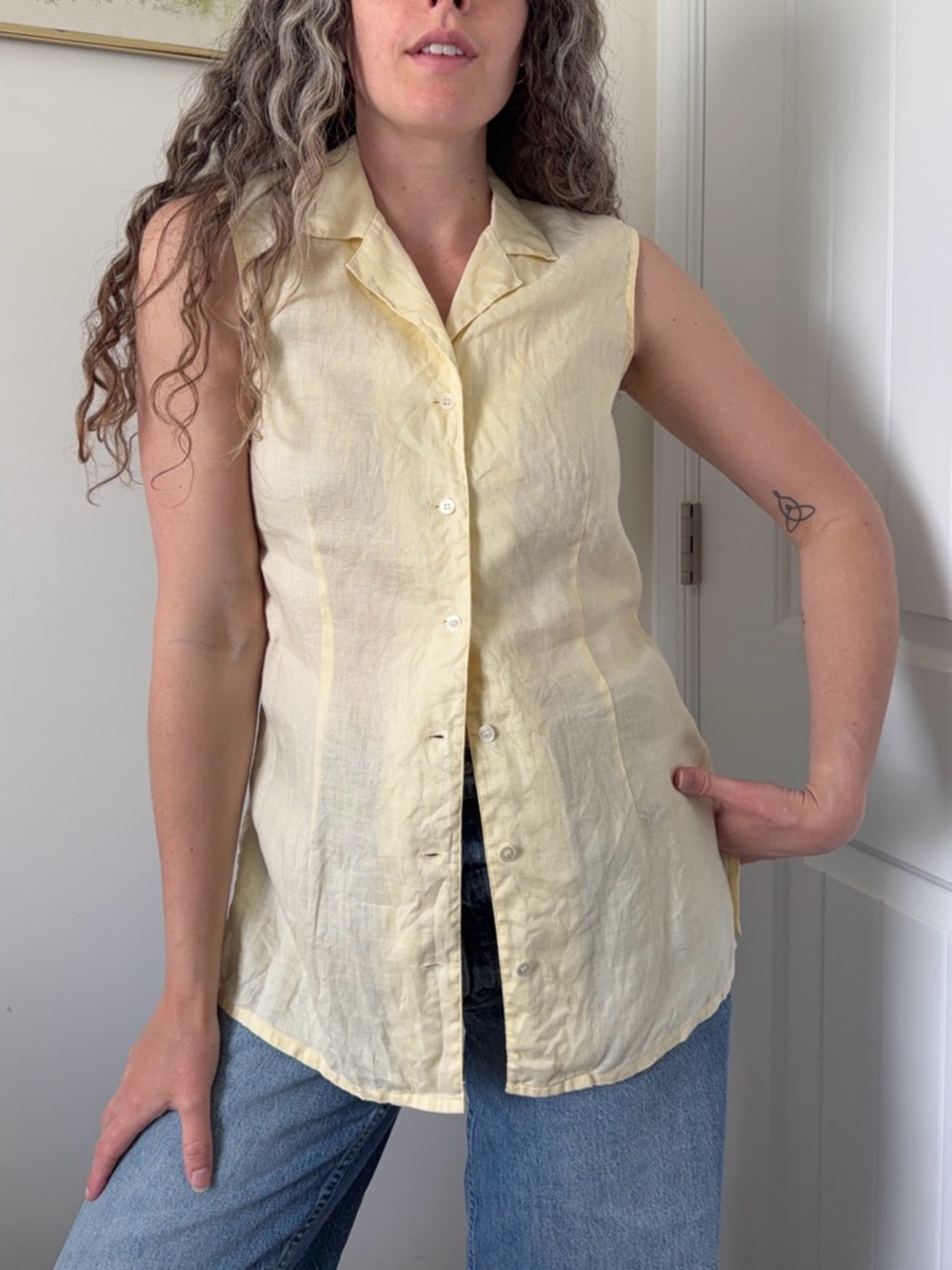 Vintage Laura Ashley Yellow Linen Sleeveless Button Down Shirt